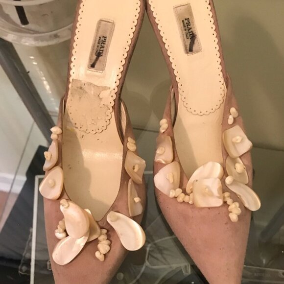 PRADA Vintage Suede Kitten Heel Mules Slides Shoes Pearl Shell Rose Blush Heels - Picture 8 of 8